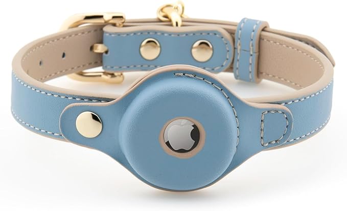 Cupertino Dog Collars, Harnesses & Leashes Made from Vegan Leather with Dog Tracker Device Holder Adjustable Dog Collar - Color Blue, Large