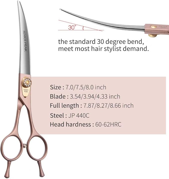 Fenice Peak Professional Curved Dog Grooming Scissors 7.5'' Rose Gold 440C Stainless Steel Pet Cutting Shears Safety Trimming Shearing for Dogs Cats