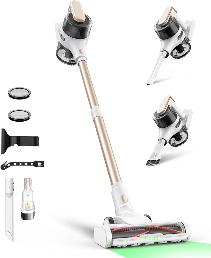 Cordless Stick Vacuum Cleaner for Home, Lightweight Rechargeable Vacuum with 55min Runtime, Powerful Suction, Green LED Headlight, 9-in-1 Pet Hair Carpet & Hardwood Floor Cleaner