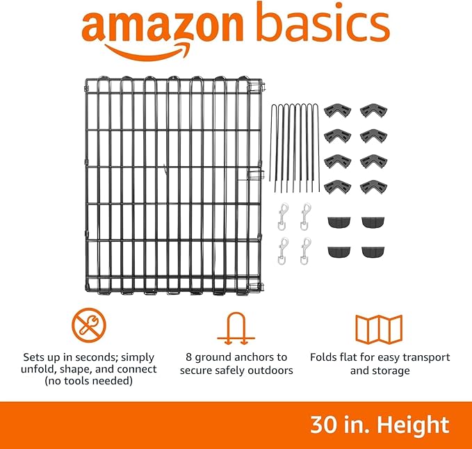 Amazon Basics Foldable Octagonal Metal Exercise Dog Playpen - Indoor/Ou, , Blacktdoor, No Door, Small (8 Panels, 24 x 30), Easy to assemble, store, and customize, 30" - Small, Black