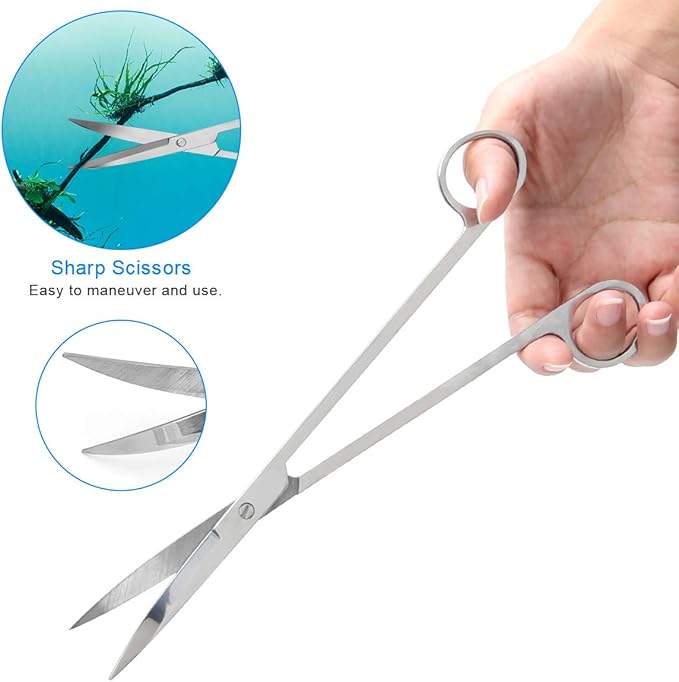 7 in 1 Aquarium Aquascape Tool Kit 15 inch, Aquatic Plant Extra Long Aquascaping Tool for Aquarium Fish Tanks Clean Accessories Set with Silver Tweezer Scissor Spatula, Fish Net, PH Paper, Bag