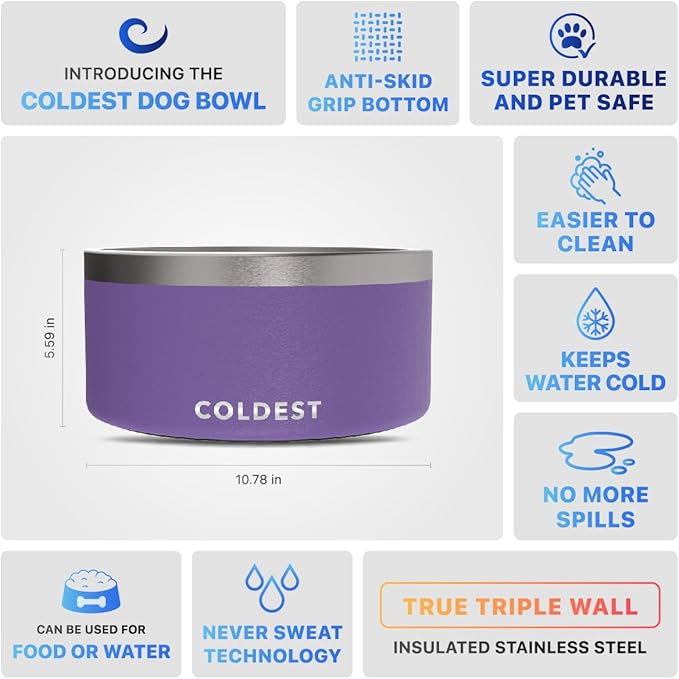 Coldest Dog Bowl - Anti Rust Metal, Non Slip, 3 Layers Insulated Stainless Steel Dog Bowls - Spill Proof & Heavy Duty - Water Bowl for Dogs, Cats & Pets, Dish Washer Safe (200 oz, Galaxy Purple)