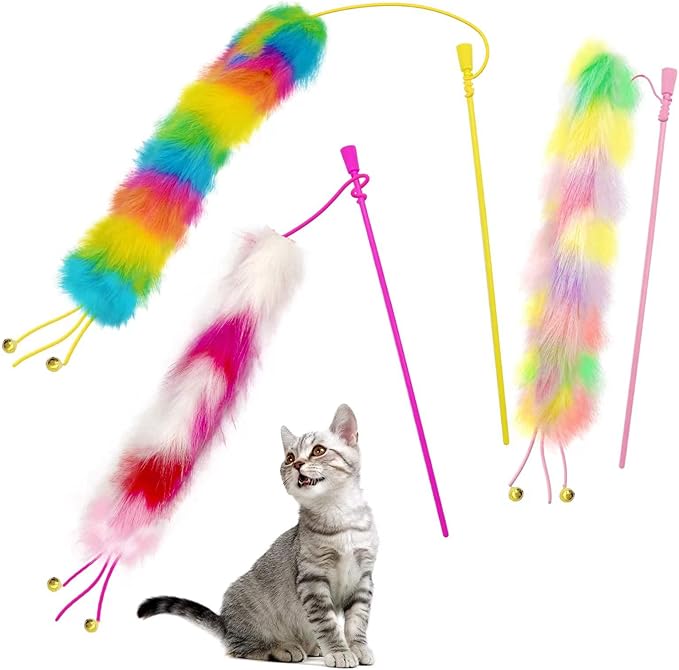 3 Pack Cat Wand Toy, Rainbow Cat Feather Toys with Bells, Teaser Wand with Soft Furry Tail, Interactive Toys for Indoor Cats & Kitten & Kitty