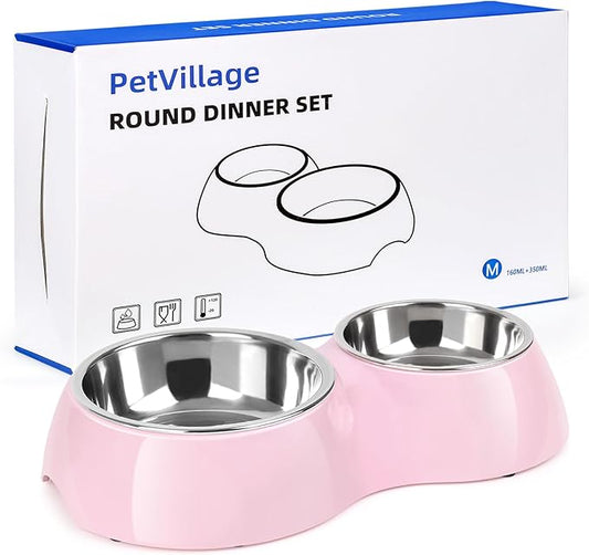 Double Dog Bowls Set – Non-Slip Pet Food & Water Dishes with Resin Stand, Includes Small (1 Cup) & Medium (2 Cups) Bowls – Ideal for Puppies, Cats, and Medium Dogs – Pink
