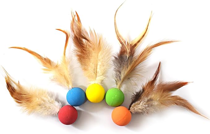 Cat Toy Balls, 5 PCS Colorful Feather Bouncy Balls for Cats No Noise Interactive Kitten Toys Cat Exercise Ball, Safe for Your Kitty (A)
