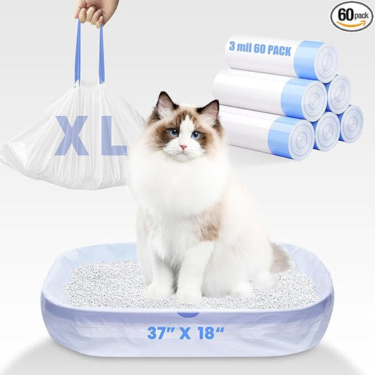 60 Pack Jumbo Cat Litter Bags - 3MIL Extra Thick Leakproof Litter Box Liners, 37"x18" Heavy Duty Drawstring Cat Litter Liners for Automatic Litter Box, Odor Control Disposable Kitty Litter Bags 6 Roll