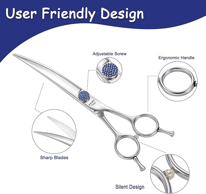 7.5'' Dog Grooming Scissors CNC 440C Blades Sharp and Durable Polished Curved Dog Shears with Blue Diamond Adustable Screws Easy to Use for Groomer and Home User