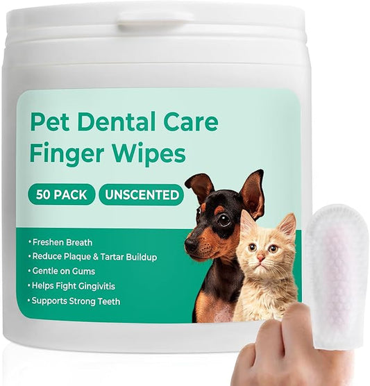 Dog Teeth Cleaning Wipes 50 Pack, Reduces Plaque and Freshens Breath, Dog Dental Wipes Dog Tooth Brushing Kit, No-Rinse Dog Toothbrush Finger Wipes Dental Care for Dogs Cats