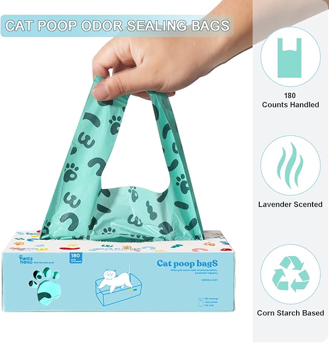 Cat Litter Bags and Dog Poop Bags with Handle, 180 Counts, Cornstarch Based Extra-Thick&100% Leak Proof,Pet Waste Bag for Kitty and Doggie (Lavender Scented)