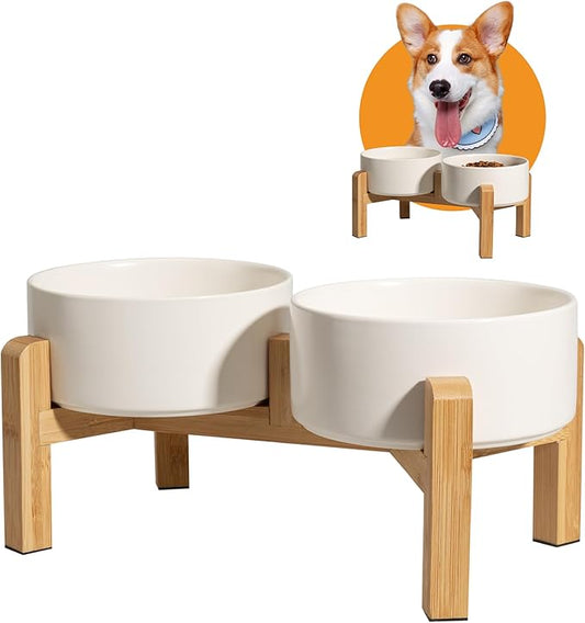 Elevated Ceramic Dog Bowl Set - Raised Dog Bowls with Non-Slip Bamboo Stand - Dog Food and Water Bowl Set - Double Dog Feeding Bowls - Suitable for Small and Medium Dogs - 28.74 OZ - 3.6 CUPS - 850 ML