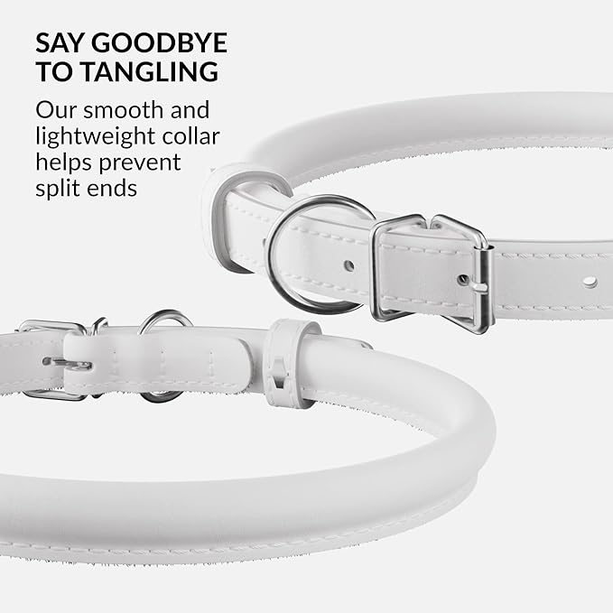 CollarDirect Rolled Leather Dog Collar, Soft Padded Round Puppy Collar, Handmade Genuine Leather Collar Dog Small Large Cat Collars 13 Colors (6-7 Inch, White Smooth)