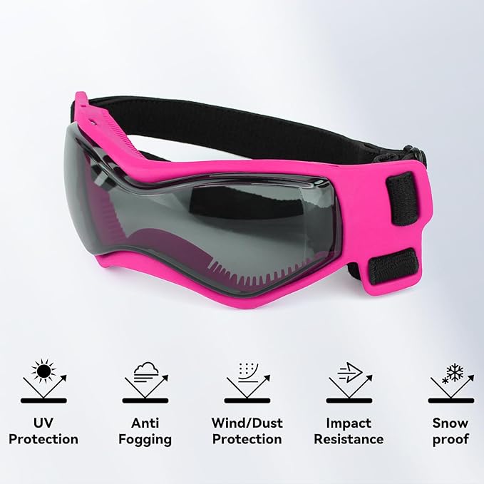 Dog Goggles Dog Sunglasses for Small Breed UV Protection Windproof with Adjustable Head Straps Chin Straps for Ride Car/Hiking Travel/On Beach-Pink