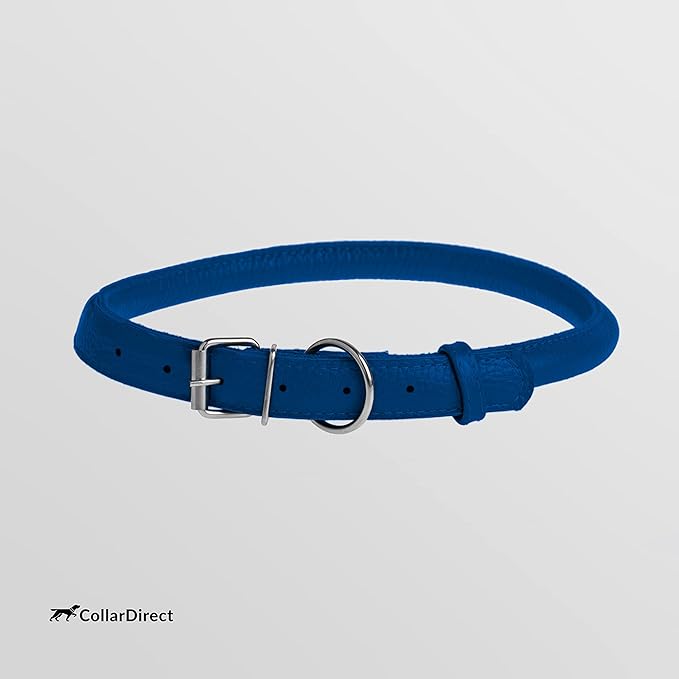 CollarDirect Rolled Leather Dog Collar, Soft Padded Round Puppy Collar, Handmade Genuine Leather Collar Dog Small Large Cat Collars 13 Colors (13-16 Inch, Deep Blue Textured)