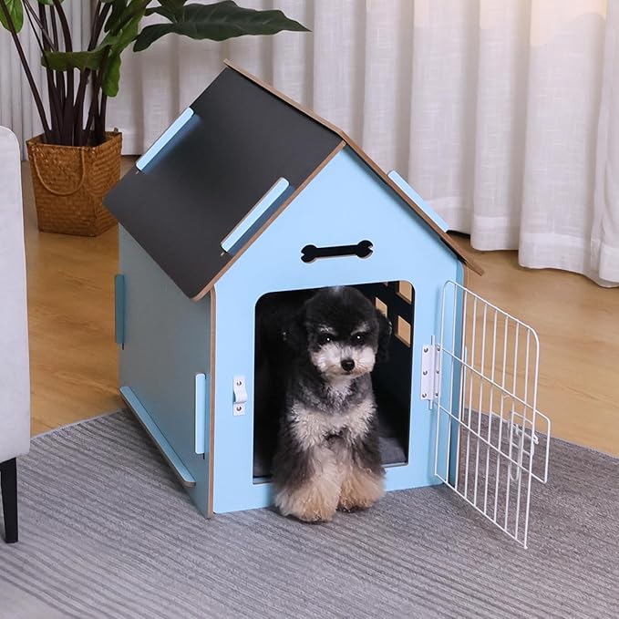 Dog House Indoor for Small Dogs or Cats, Cozy Wooden Design, Small Indoor Bed House, with Air Vents and Elevated Floor Warm Dog Cave (Large Blue)
