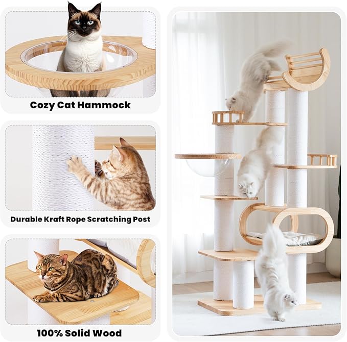 74.8" Modern Cat Tree for Indoor Cats, Tall Wood Cat Tower with Scratching Post, Heavy Duty Luxury Condo with Removable Mats, Multi-Level Cat Furniture for Cats