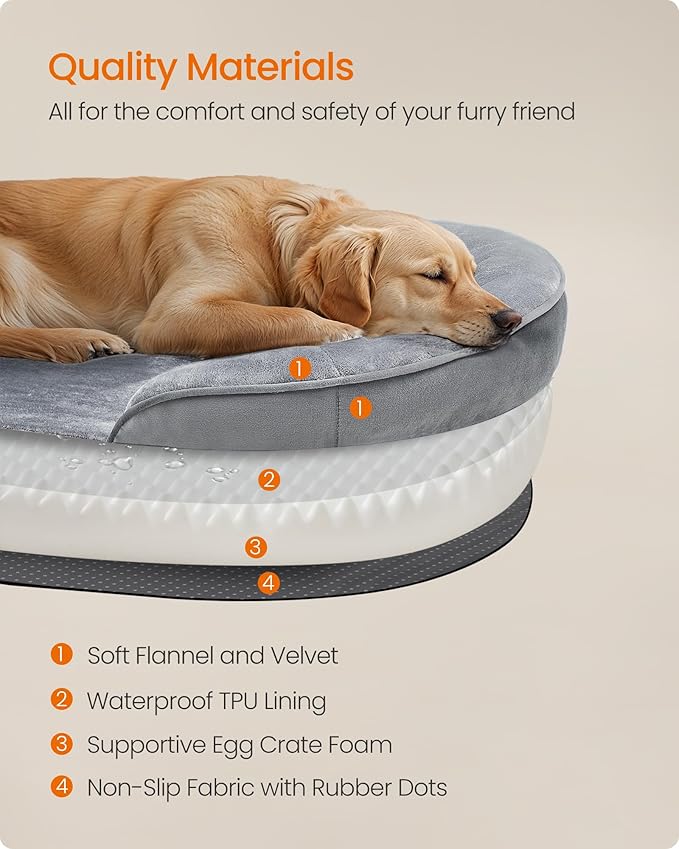 Feandrea Dog Bed, Large Orthopaedic Dog Sofa Bed, 42 x 30 x 7 Inches, Egg Crate Foam, Waterproof Liner, Raised Edges, Removable and Machine Washable Cover, Non-Slip, Light Gray UPGW283G01