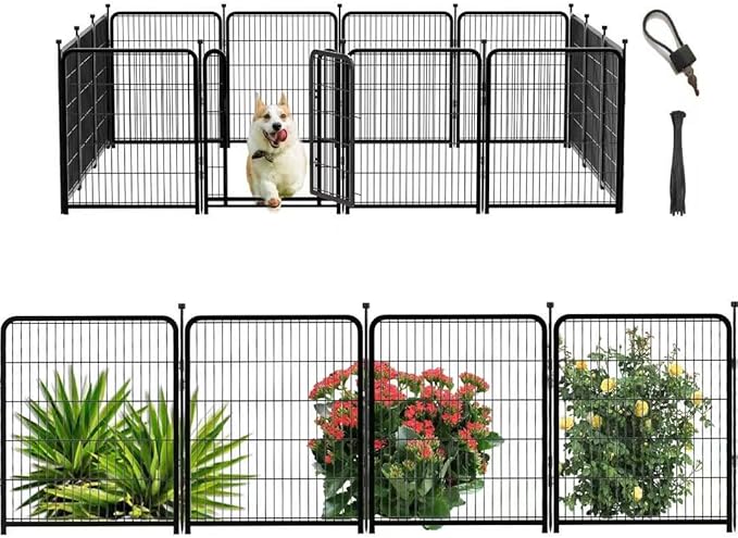Dog Playpen 48 inch(H) 8 Panels Total 17.7 Ft(L) Dog Fence Outdoor for Yard. Wide Door Low Threshold，Metal Dog Pen Heavy Duty Pet Puppy Exercise Pen for Rv Camping Garden Yard