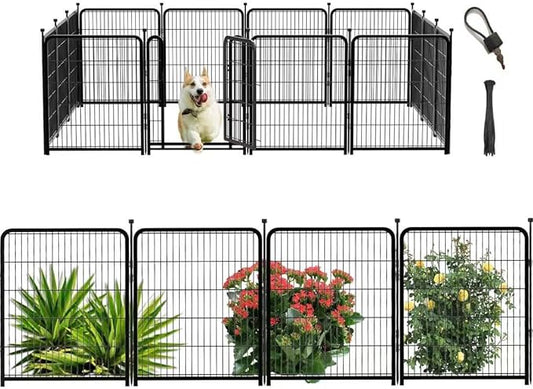 56 in(H) Decorative Garden Fence Panels, Wide Door Low Threshold, Dog Fence Outdoor for Yard. 10 Panels Total 22.1 Ft(L)，No Dig Fencing for Dogs, Black