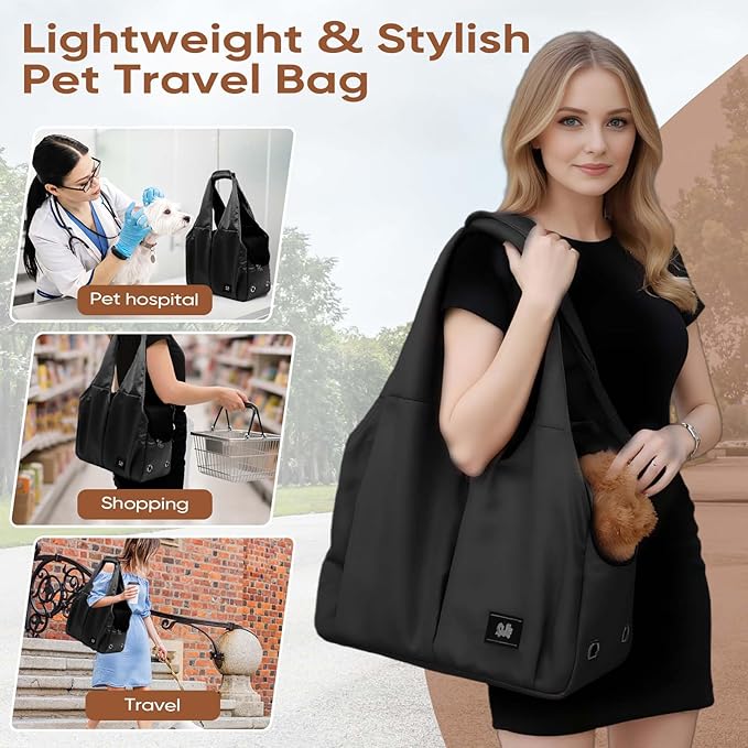 Dog Purse Carrier for Small Dogs, Cats, and Puppies – Soft-Sided Travel Pet Tote Bag with 4 Large Pockets, Foldable, Lightweight, Fits Pets up to 15 lbs, for Travel, Outings (Black)