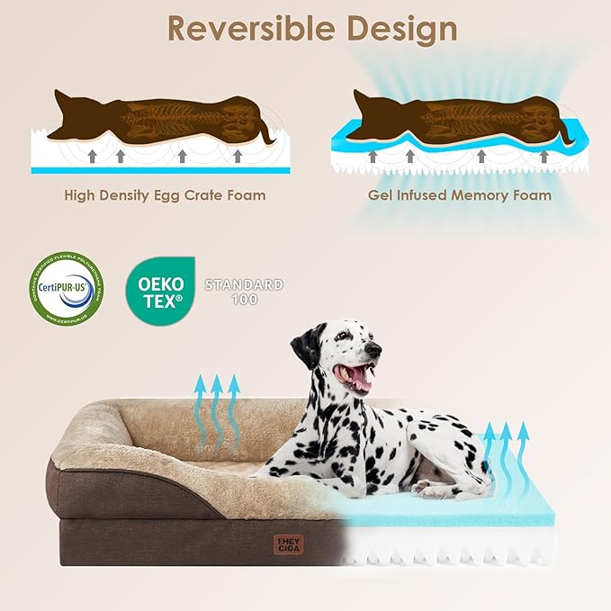 EHEYCIGA Memory Foam Dog Bed for Medium Size, Orthopedic Dog Sofa with Sides and Waterproof Liner, Washable Bolster Pet Couch with Removable Cover, 35x22x6.5 Inch, Brown