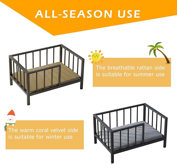 Dog Bed with Rails - Elevated Pet Metal Bed Frame with Solid Wood Board and Washable Soft Mat for Small Dog Indoor or Outdoor Use, 21.3" x 30", Black