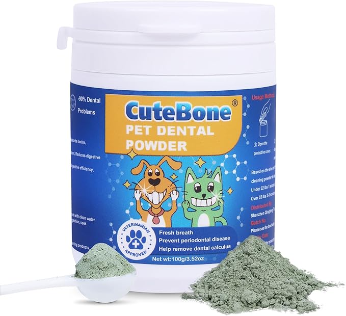 CuteBone Dog Teeth Cleaning Powder - Dog Dental Powder Pet Breath Freshener - Safe & Effective Natural Oral Care Formula Reduces Plaque & Tartar Promotes Healthy Gums Easy-to-Use for Dogs & Cats