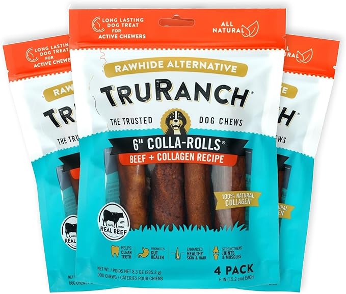 Collagen Rolls - 6" Collagen Rolls for Dogs - Long Lasting Healthy Joint Support - Rawhide Alternative - Skin & Coat Health - Made with Real Beef, Value Pack, 3 Bags, 12 Count
