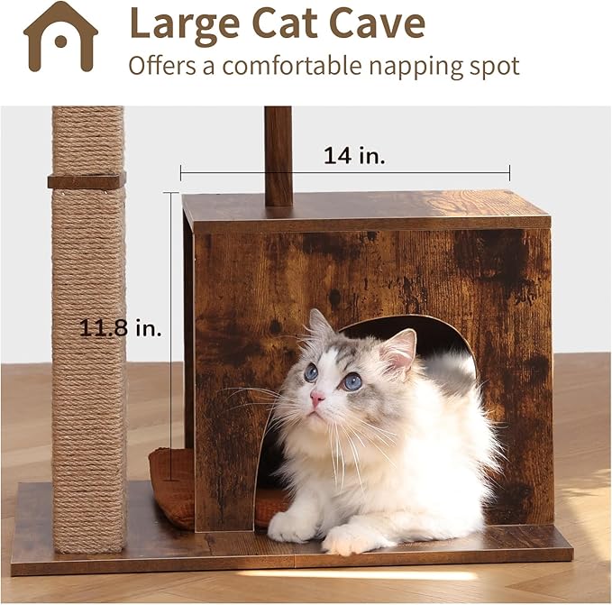 FUKUMARU Cat Scratching Post, Modern Style Cat Tree with Unique Square Post, Wooden Cat Tower with silvervine Balls, Retro Cat Condo Scratcher for Indoor Cats（Solid Wood）