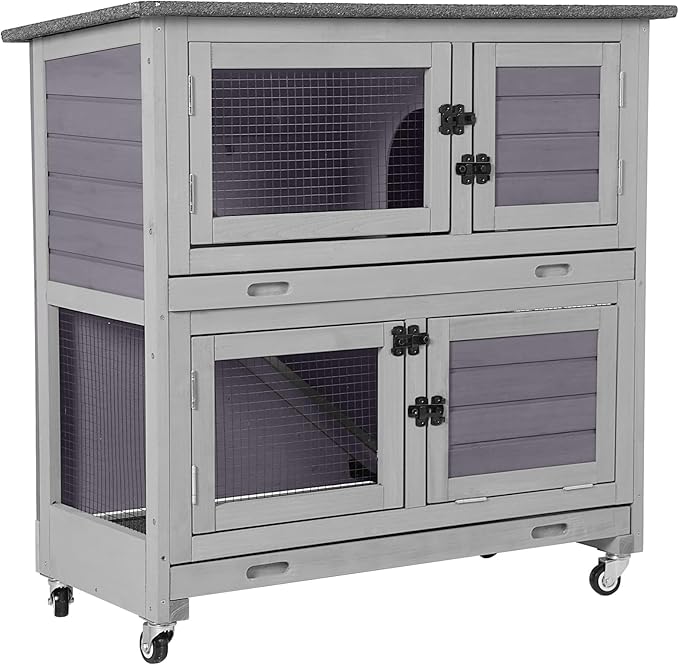 Aivituvin 2-Tier Rabbit Hutch with Tarp Door and Wheels Bunny Cage Indoor Outdoor Guinea Pig Cage Expandable with Pet Playpen 36" L, Grey
