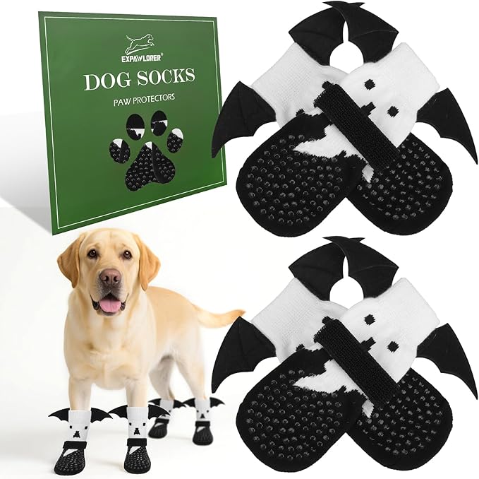 EXPAWLORER Halloween Anti Slip Dog Socks to Prevent Licking Paws, Boots & Paw Protectors with Grippers,Doggie Booties for Hardwood Floors for Small Medium Large Senior Dogs Costume White Ghost Wings L
