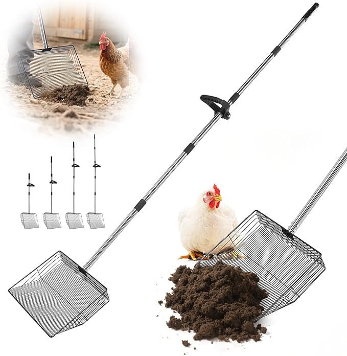 15" Widely Chicken Coop Poop Scooper- Ergonomic Chicken Poop Scooper with 38" to 77" Adjustable Long Handle, Extra-Large Scoop for Sand and Litter, Easy-to-Clean, Multi-Scene Use for Poultry