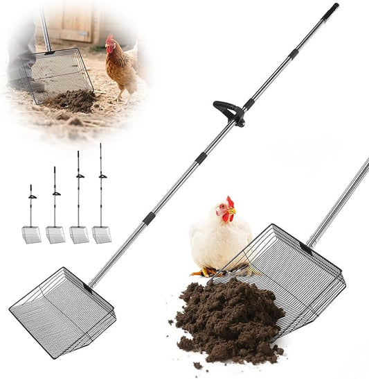 15" Widely Chicken Coop Poop Scooper- Ergonomic Chicken Poop Scooper with 38" to 77" Adjustable Long Handle, Extra-Large Scoop for Sand and Litter, Easy-to-Clean, Multi-Scene Use for Poultry