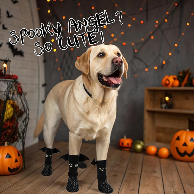EXPAWLORER Halloween Anti Slip Dog Socks to Prevent Licking Paws, Boots & Paw Protectors with Grippers,Doggie Booties for Hardwood Floors for Small Medium Large Senior Dogs Costume Black Devil Wings L