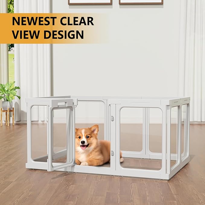 Clear Acrylic Dog Playpen with Door, for Puppy Cat Rabbit Transparent Pet Pen, Dog Playpen Indoor, Dog Fence, Easy Assemble & Cleaning Dog Pen for Small & Medium Dogs (23.6“ Height, 8PCS)