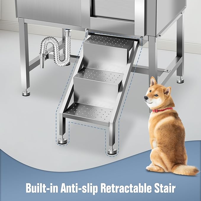38" Dog Washing Station, Professional Stainless Steel Dog Bathing Station, Equipped with Three Anti-Slip Steps, Removable Door, Upgraded Spray Nozzle&Hose - Ideal for Home, Pet Grooming Salon,R-RAMP