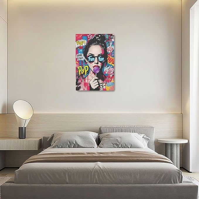 Fashion Women Wall Art Glam Modern Artwork for Girls Banksy Street Graffiti Pop Art Canvas Pictures Painting Print Framed Decorations Gifts for Bedroom Living Room Office 16"x24"