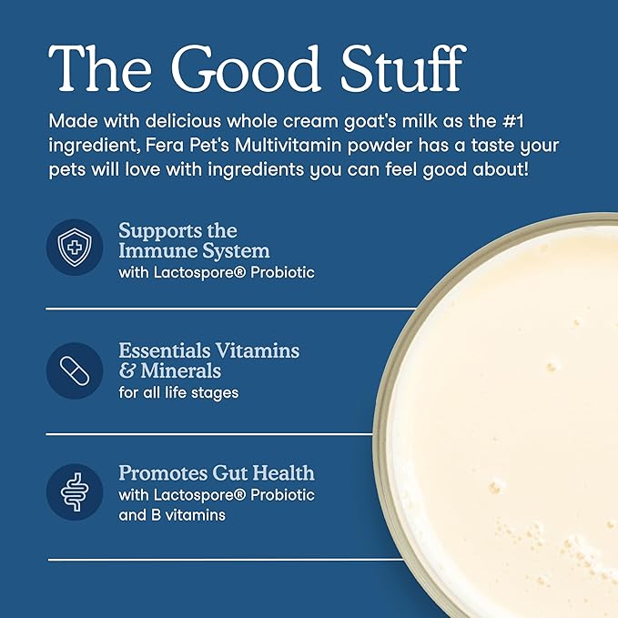 Fera Pets Goat Milk Topper - Multivitamin for Dogs & Cats with Probiotics - Supports Overall Health, Gut Health, and Immune System - for Picky Eaters - 60 TSP