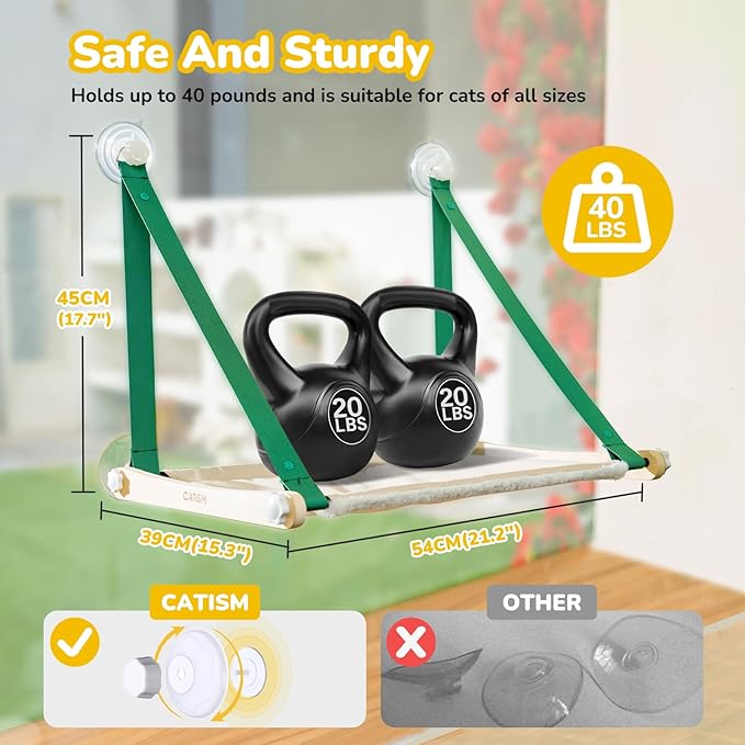 CATISM Cat Window Perch Foldable - Cats Hammock for Window, 2 in 1 Cat Window Hammock Bed for Indoor Cats, Cat Perch with Sturdy Screw Suction Cups for Kittens (Green)