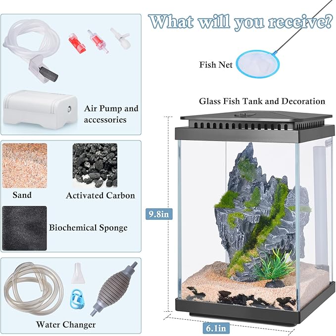 FEDOUR Small Glass Aquarium, 1 Gallon Desktop Fish Tank, Betta Fish Tank, Mini Aquarium Starter Kit with Air Pump LED Light Decoration Water Changer Fish Net (Black)
