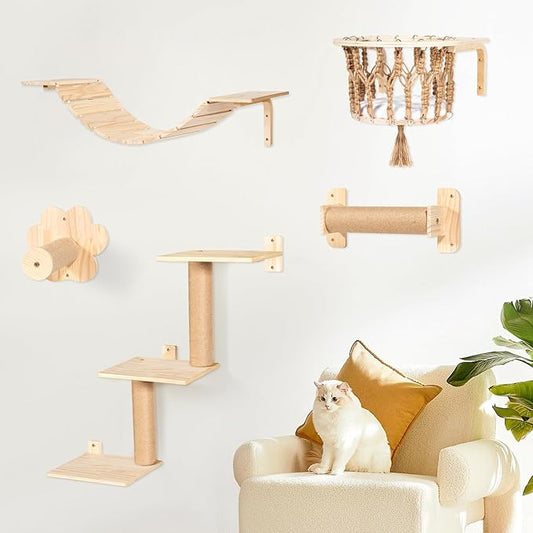 Cat Wall Shelves and Perches, Wall Mounted Cat Furniture with Hammock, Bridge, Tree, Steps and Scratching Posts, Wooden Climbing System for Indoor Large Cats and Kittens
