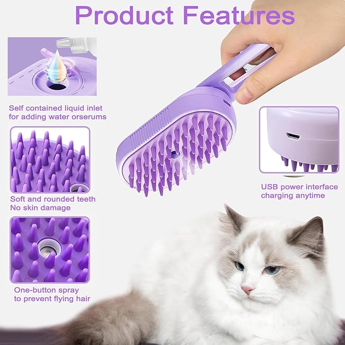 Cat Steam Brush for Shedding, 2025 New 4 in 1 Rechargeable Steam Pet Brushes for Cats & Dogs, Indoor Anti-static Pets Brush for Massage, Cleaning, Shedding & Combing Hair (Purple)