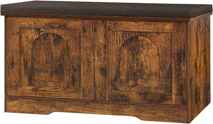 DINZI LVJ Shoe Bench, Entryway Storage Bench with Doors, Cushion, 2-Tier Shoe Rack with 6-Cubby, 31.5”L x 13.8”W Shoe Organizer Cabinet, Adjustable Shelf, Living Room, Bedroom, Rustic Brown