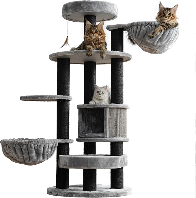 Extra Large Cat Tree for Maine Coon,65 Inches Tall Cat Tree Tower for Indoor Cats Large Adult 20 lbs,XXL Heavy Duty Luxury Sturdy Cat House with Big Hammock,Sisal Scratching Post,Condo
