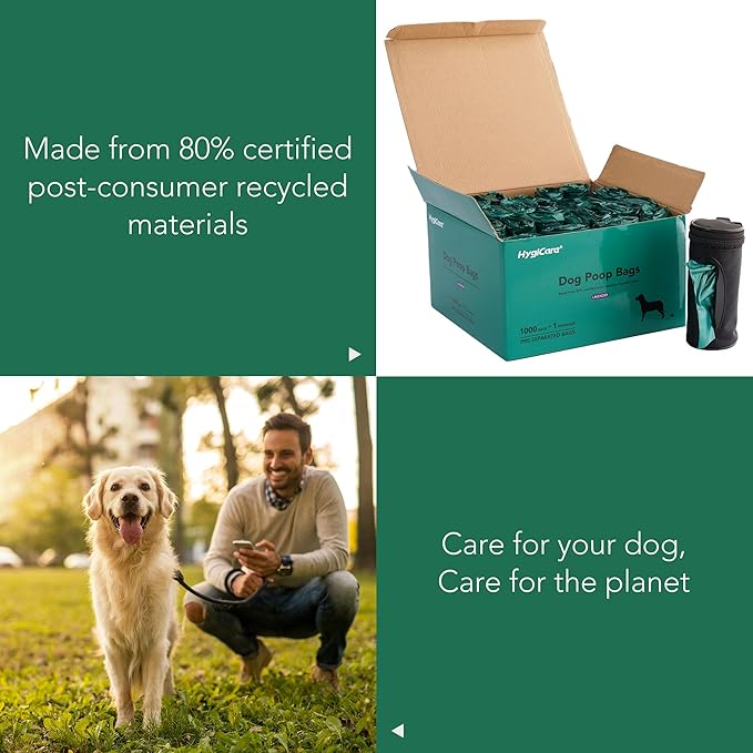 Extended Dog Poop Bags with Dispenser, 1000 Count, Pre-Separated, Lavender Scent, Eco-friendly Material, Extra Thick, 100% Leakproof, 8"x 15.6", Green