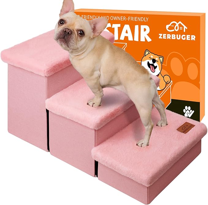 Dog Stairs with Furry Lids 18" H, 3-Step Wider Dog Steps with Storage for Small/Medium/Large Dogs Cats, Folding Sturdy Pet Stairs Climbing Bed or Sofa, Ramp for Car Hold Up to 200 lbs, Pink