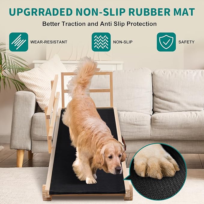 Dog Ramp for Bed, Adjustable Pet Ramps for Dog to Get on Bed, Non-Slip Rubber Surface - Folding Wooden Dog Ramp for Small/Large/Old Dogs, Adjustable up to 23.5 inch High Beds, Safety Railings