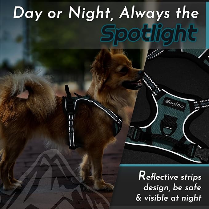 Eagloo Small Dog Harness No Pull, Service Vest with Reflective Strips and Control Handle, Adjustable and Comfortable for Walking, No Choke Pet Harness with 2 Metal Rings, Dark Green, XS