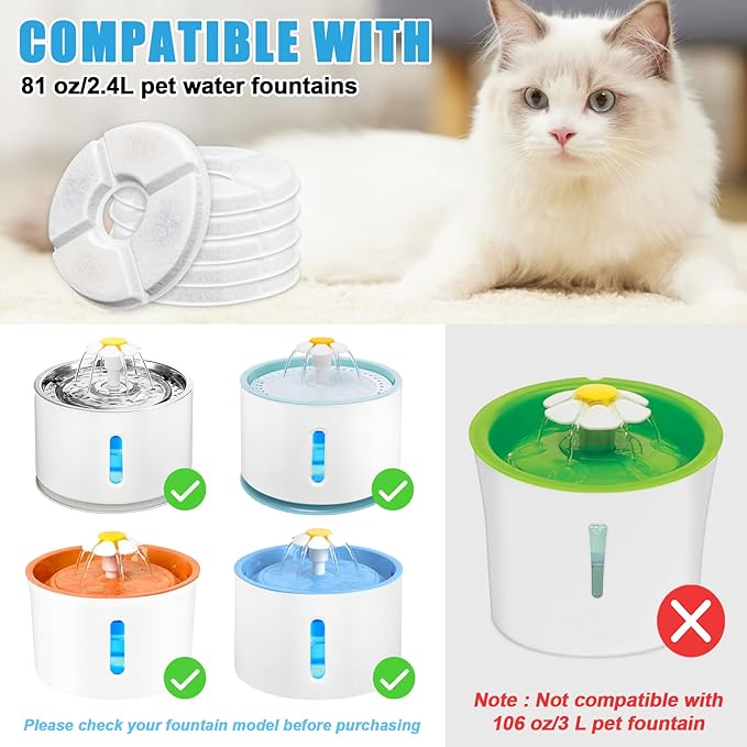 Cat Fountain Filter, 16 Pcs Cat Water Fountain Filters Replacement, 3-Filtration System Round Carbon Filters Compatible with 81oz / 2.4L Round Automatic Pet Dog Water Fountain Dispenser
