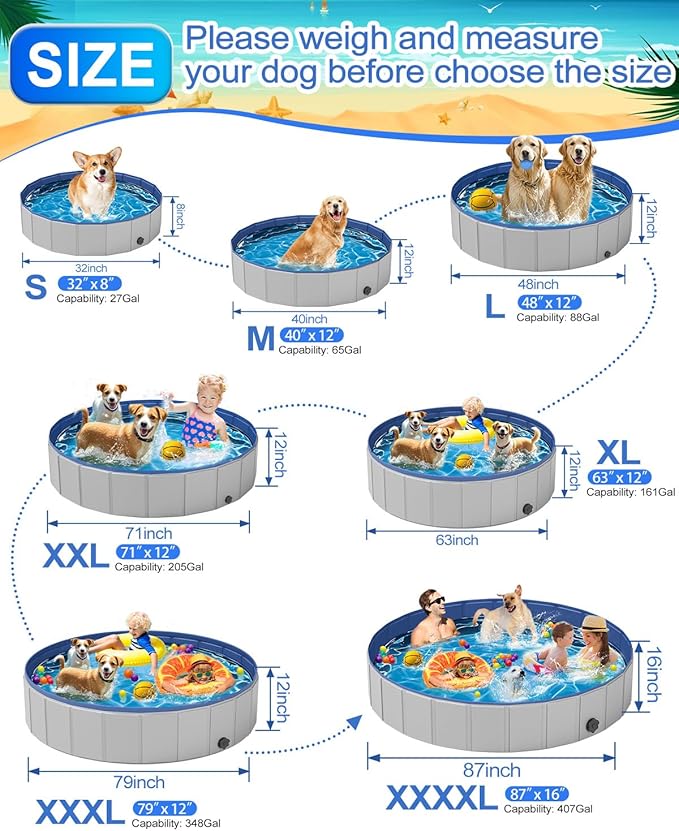 Dog Pool for Large Dogs, Foldable Plastic Pool for Dogs Slip-Resistant (XL - 71'' x 12'')