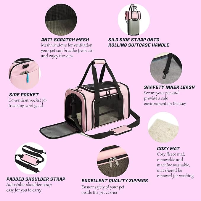 Cat Carrier Dog Carrier Pet Carrier Cat Bags for Small Medium Cats Dogs Puppies of 15 Lbs,of Airline Approved Small Dog Bag Soft Sided,Collapsible Travel Puppy Carrier (Large, Pink)